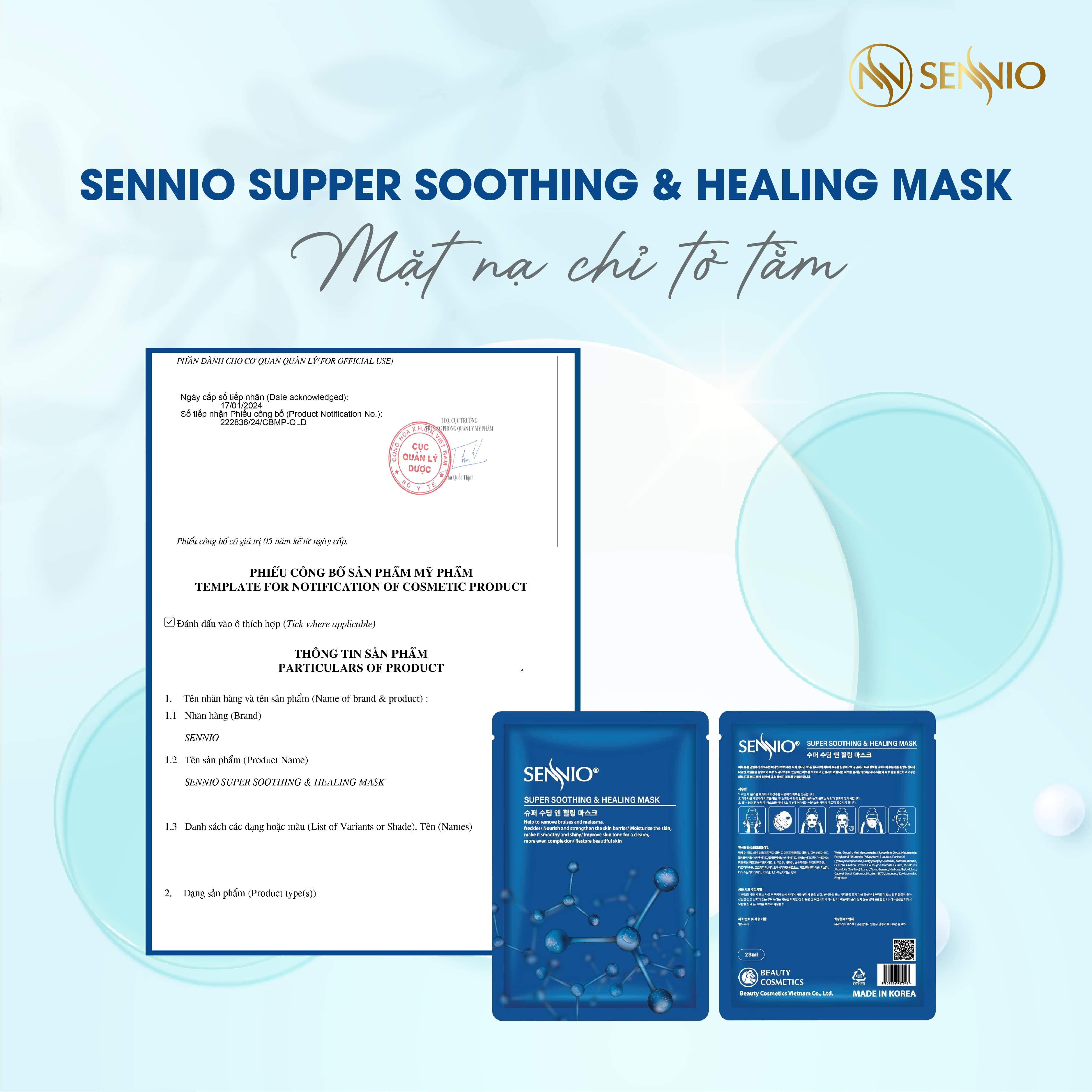 Mặt nạ giấy dưỡng trắng da Sennio Super Soothing &amp; Healing Mask dưỡng ẩm, phục hồi da 23 ml SNO 822