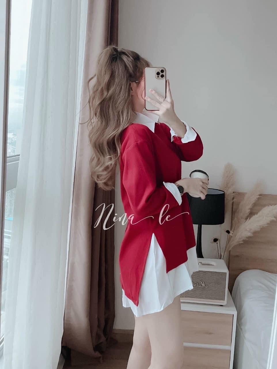 SET ĐẦM SƠ MI SUÔNG TRƠN VÁY XẾP LY NHẸ + ÁO THUN ĐỎ TRƠN TAY DÀI DẠO PHỐ DỰ TIỆC GIÁNG SINH NOEL