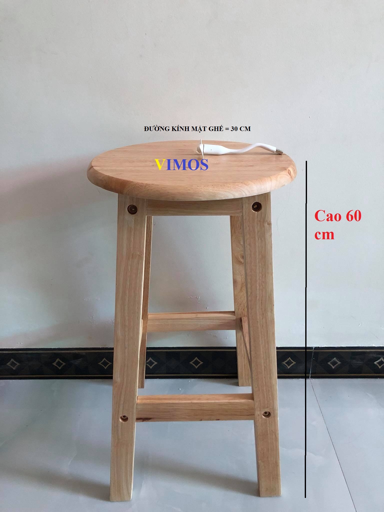 Ghế ngồi gỗ tự nhiên VIMOS cao 60cm -Tặng quạt USB(  màu ngẫu nhiên)