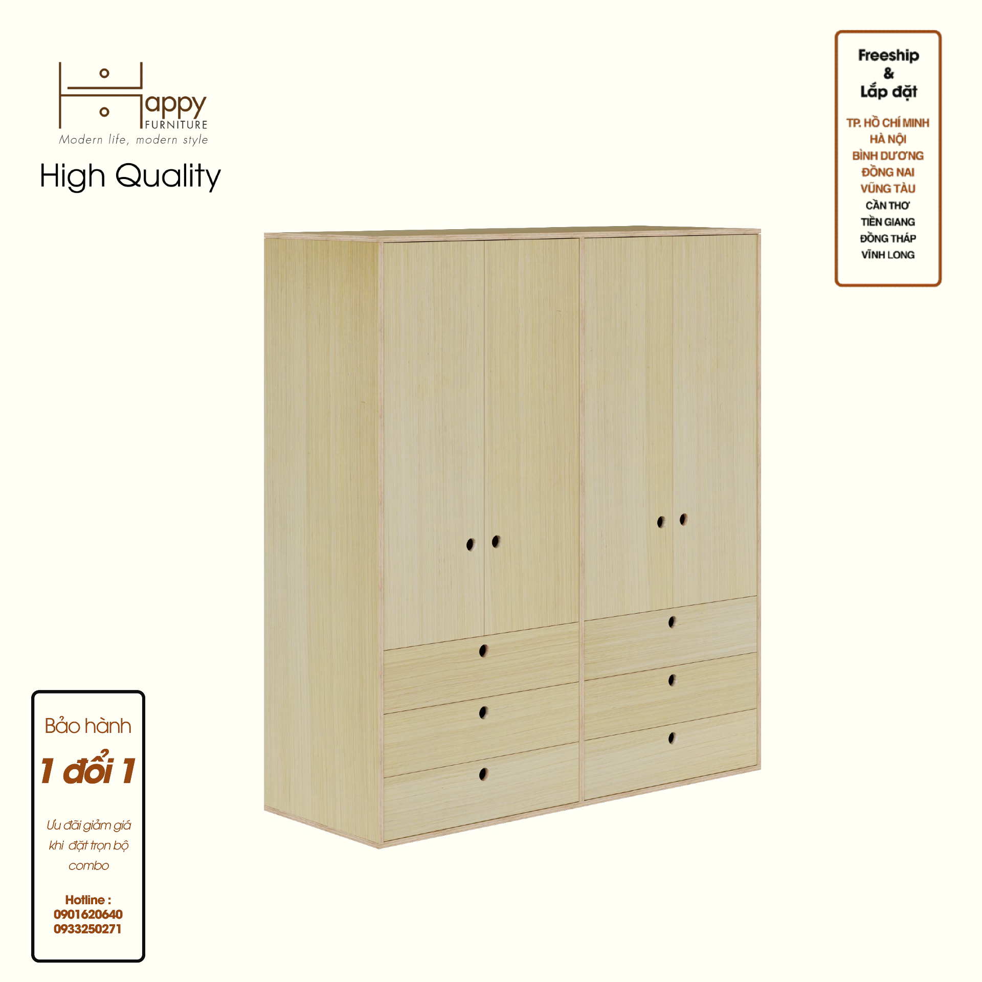 HAPPY FURNITURE , Gỗ tự nhiên , Tủ quần áo 4 cửa mở gỗ Plywood - SANARI , TCM_200 , 160cm x 59cm x 180cm DxRxC