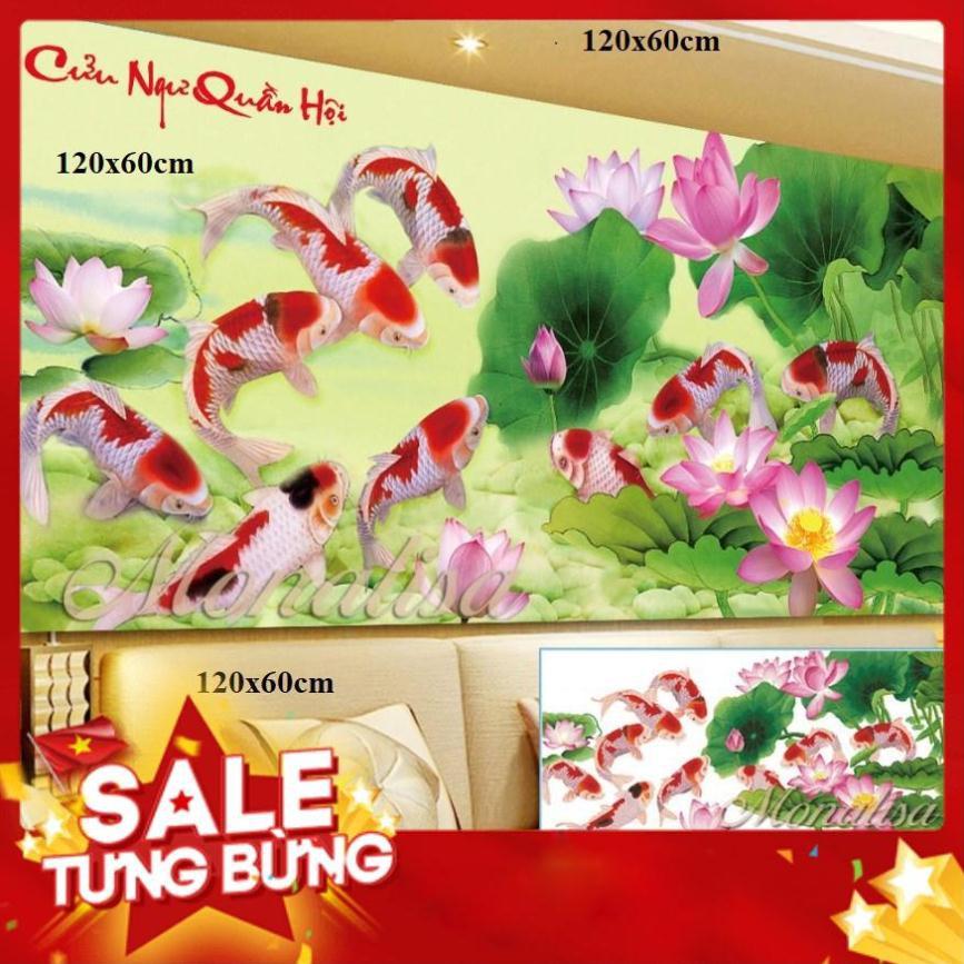 iii8246Tranh đính đá cửu ngư quần hội  120x60cm