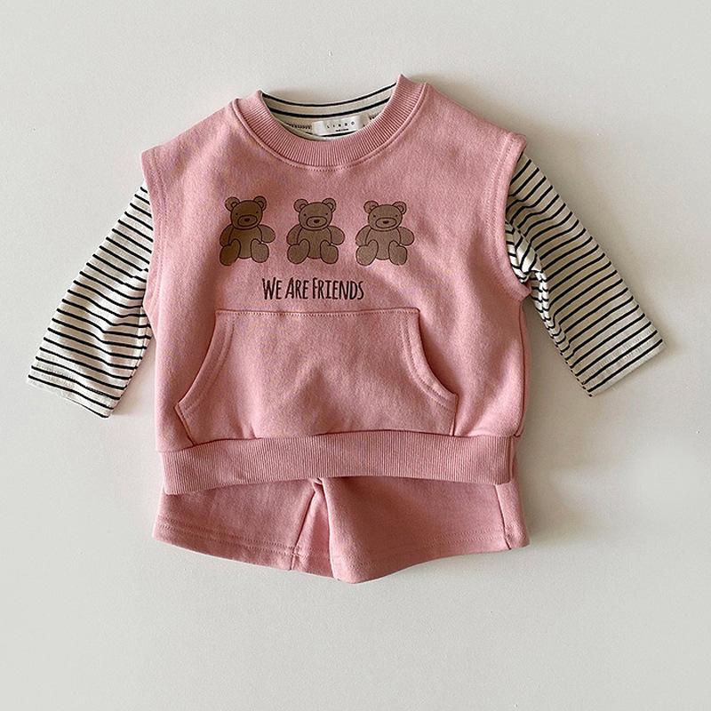 2021 Thu Mới Bộ Quần Áo Bé Trai Bé Set Bộ Tay Dài Sọc Áo + Hoạt Hình In Áo + Quần Short 3 chiếc Toddker Bé Gái Phù Hợp Với