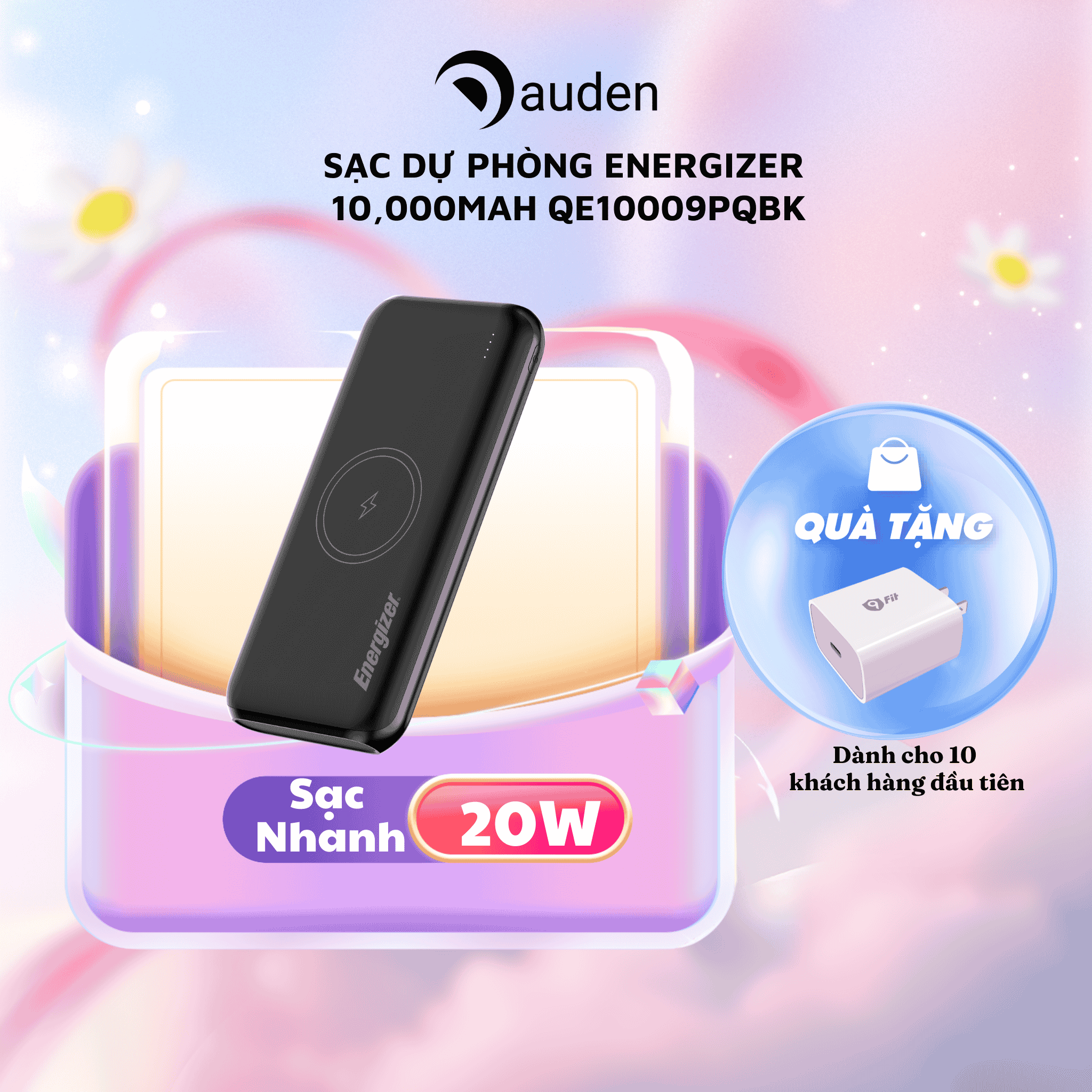 Sạc dự phòng Energizer 10,000mAh /3.7V Li-Polymer QE10009PQBK, Sạc nhanh 20W, Sạc không dây 18W, bảo hành 24 tháng 1 đổi 1 - Hàng chính hãng