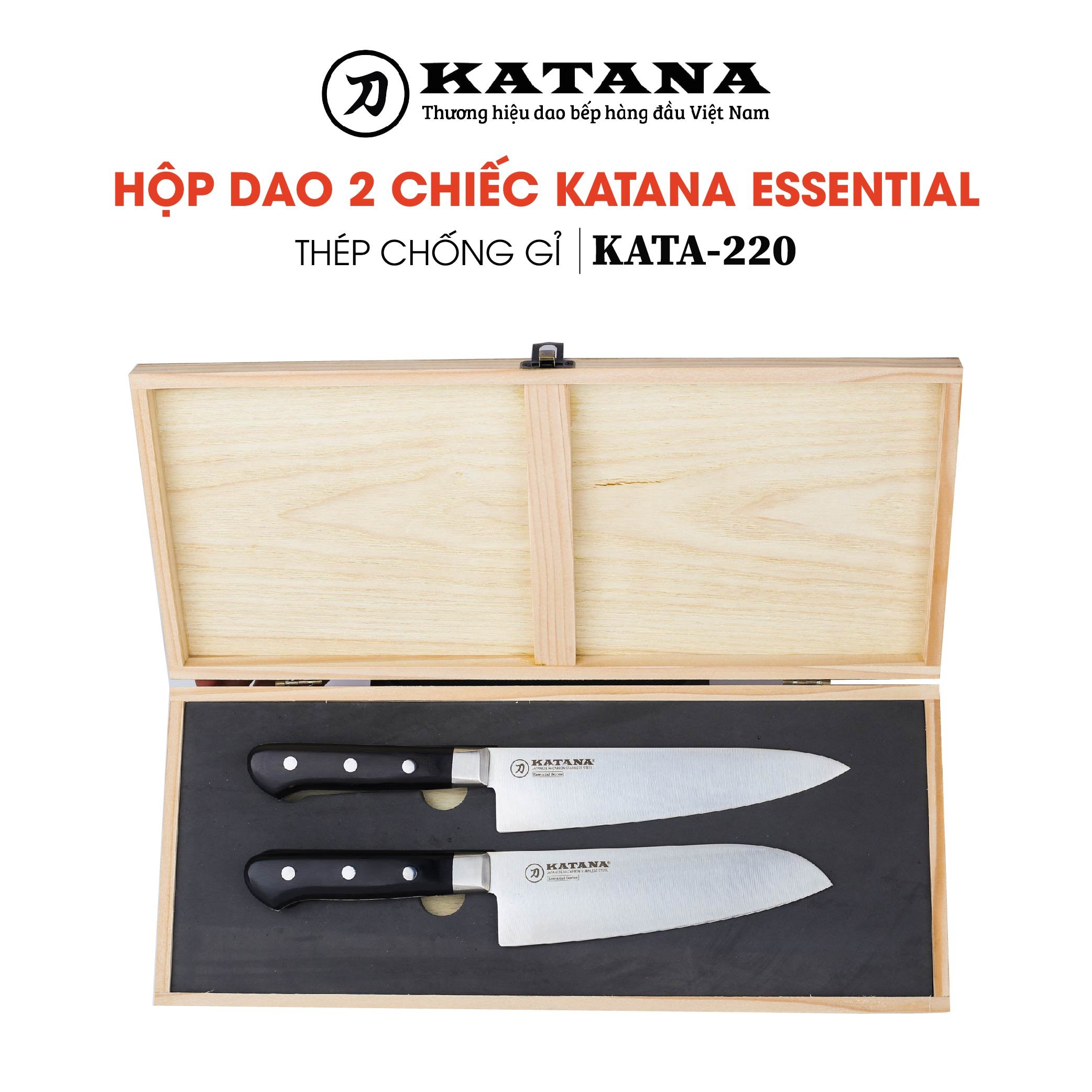 Hộp gỗ 2 chiếc dao bếp cao cấp Essential KATANA, Dao thái thịt cá đa năng - KATA220