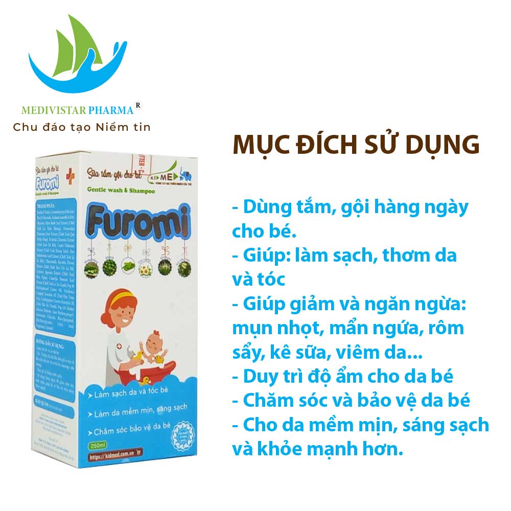 Sữa Tắm Gội Cho Trẻ FUROMI Chiết Xuất Thảo Dược Tự Nhiên Làm Mềm Da, Sạch Tóc, Hạn Chế Mẩn, Rôm Trên Da Bé Dung Tích 250ml