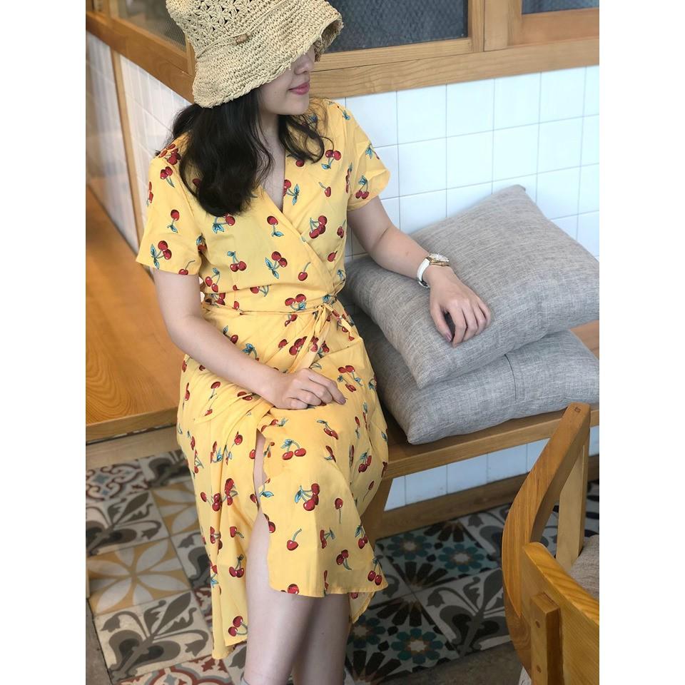 Đầm cổ chéo tà đắp họa tiết trái cây xanh và vàng CHERRY DRESS