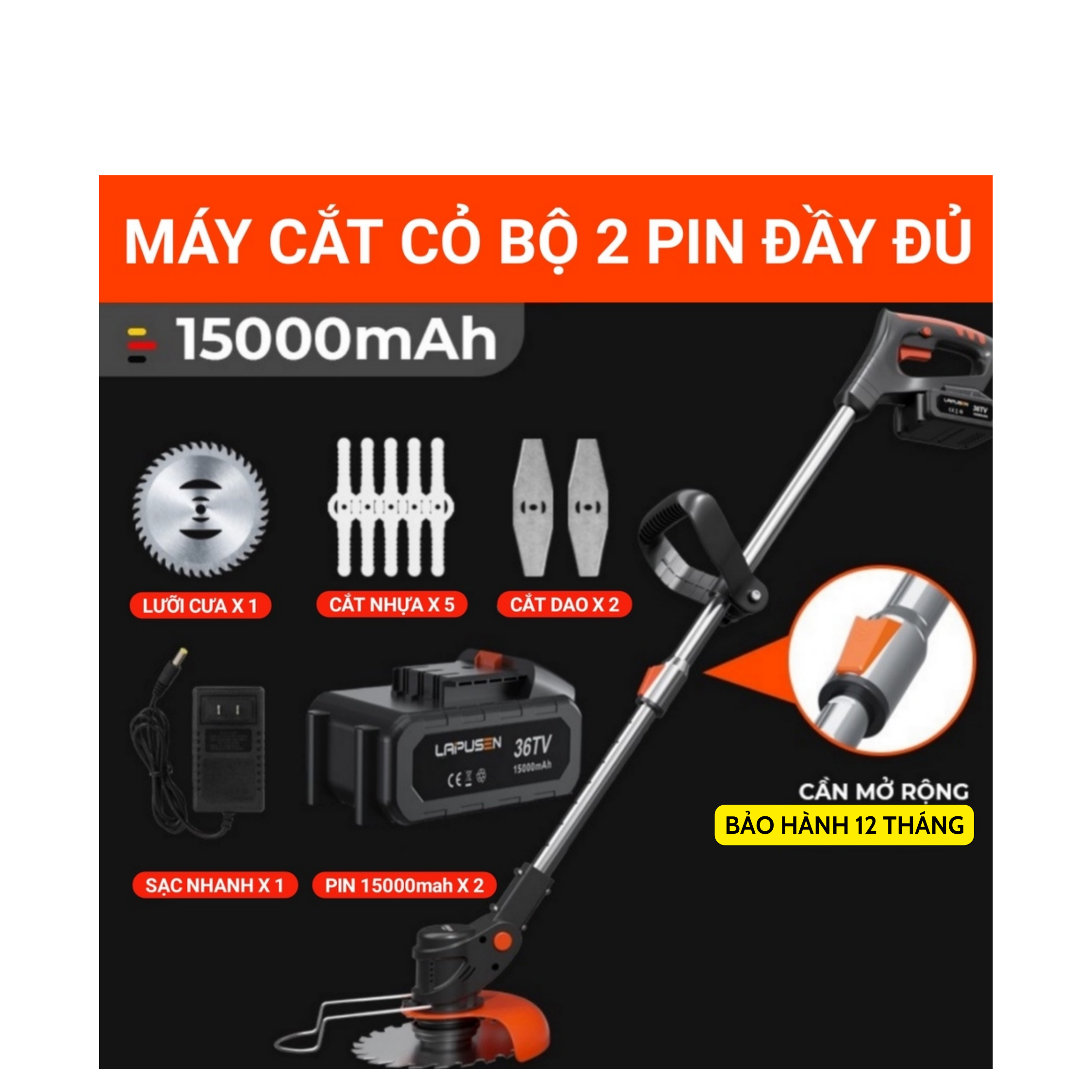 Máy Cắt Cỏ Pin LAPUSEN 1800w, Pin Khủng 25000mah , Bảo Hành 12 Tháng