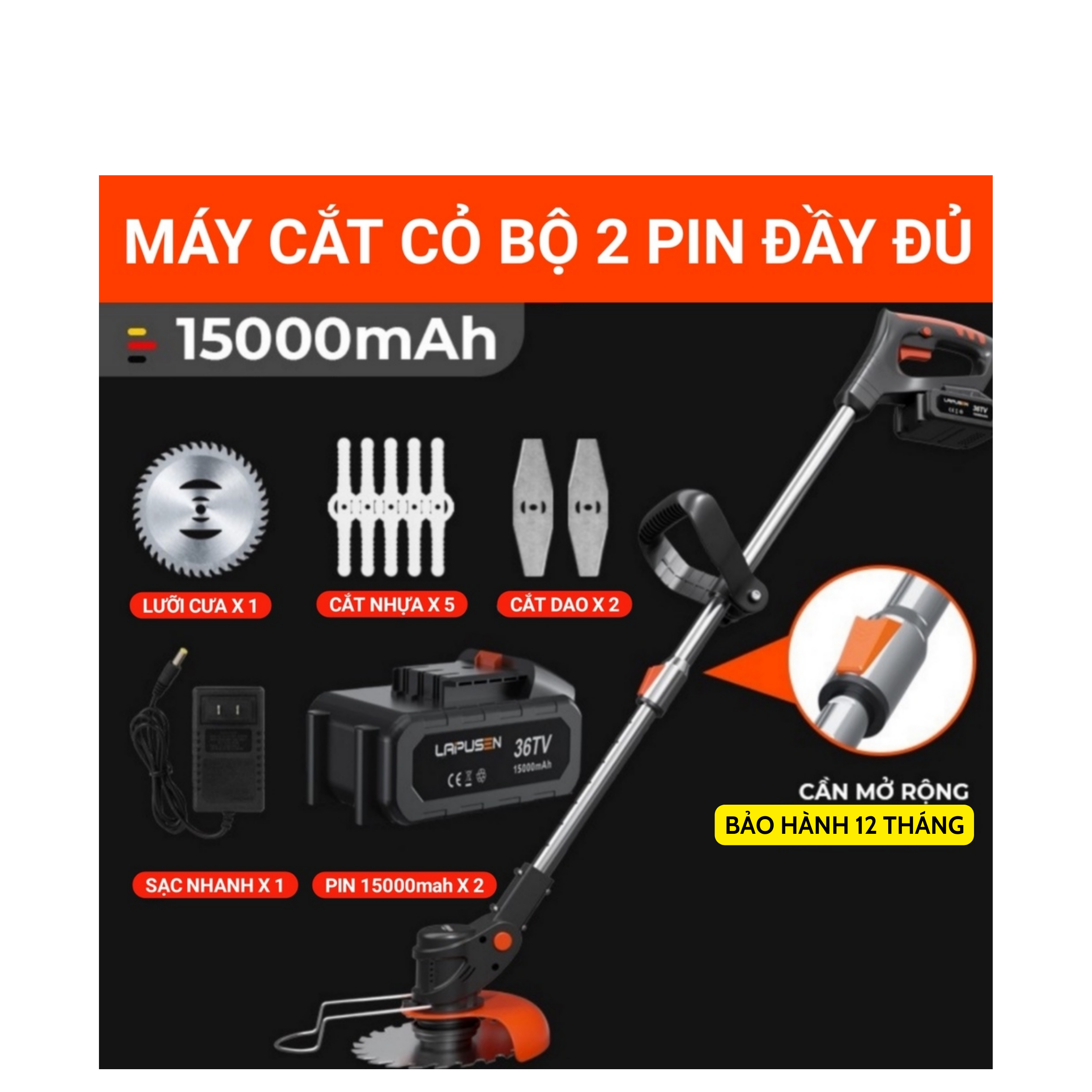 Máy Cắt Cỏ Pin LAPUSEN 1800w, Pin Khủng 25000mah (15 Cell), Bảo Hành 12 Tháng