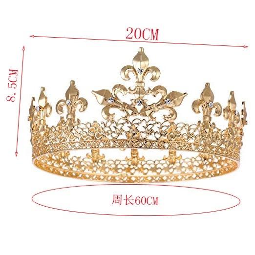 Vương miện nam vương tròn màu vàng Hoa văn đính đá cao 8 cm