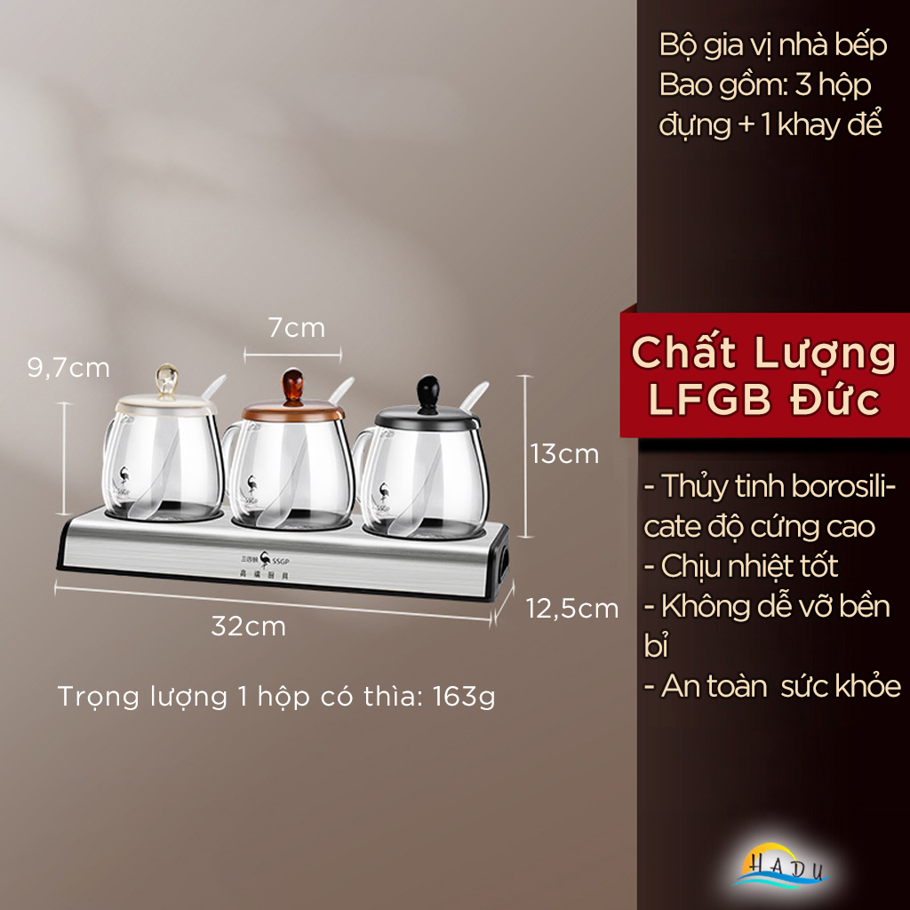 Bộ Hộp Hũ Đựng Gia Vị Thủy Tinh Nhà Bếp Thông Minh 3 Ngăn Cao Cấp Đạt Chất Lượng LFGB Đức SSGP
