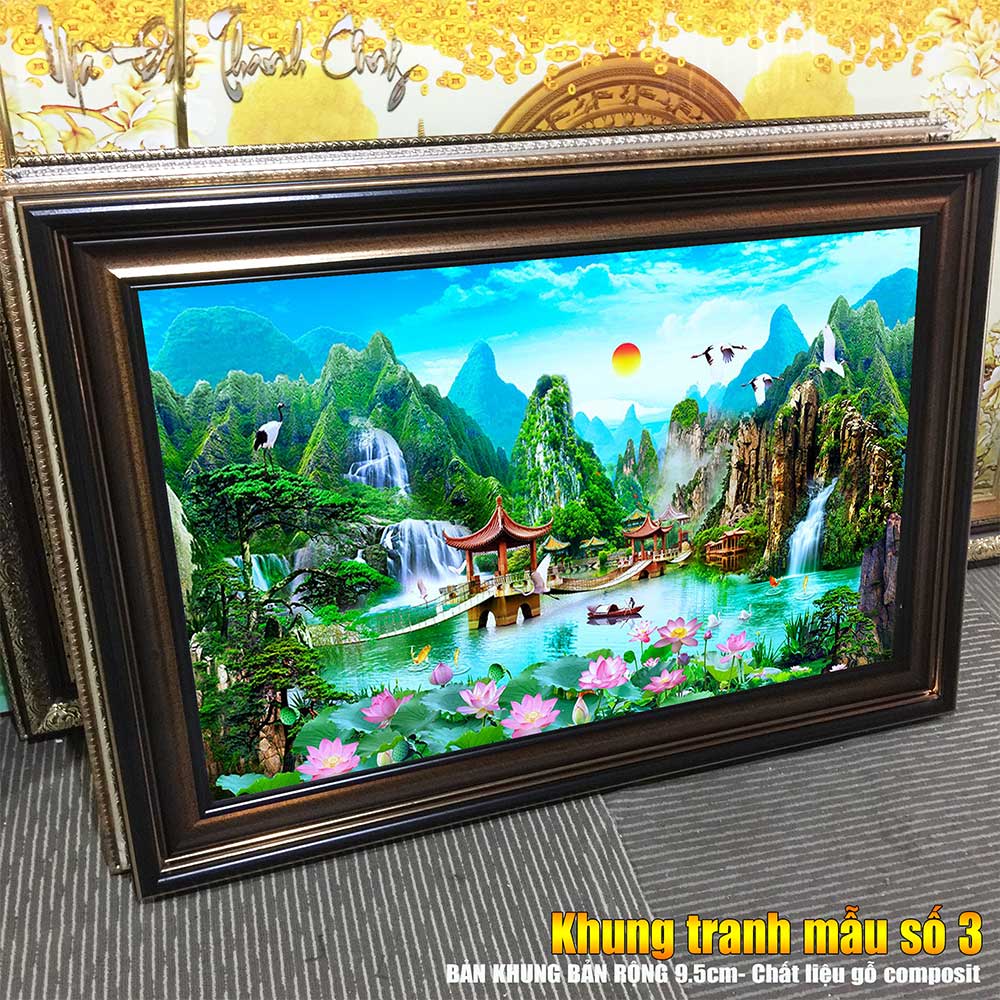 Tranh treo tường phòng khách, phòng ngủ SƠN THỦY HỮU TÌNH khung gỗ composit chất liệu pvc gương / lụa kim sa. MS:1726L9
