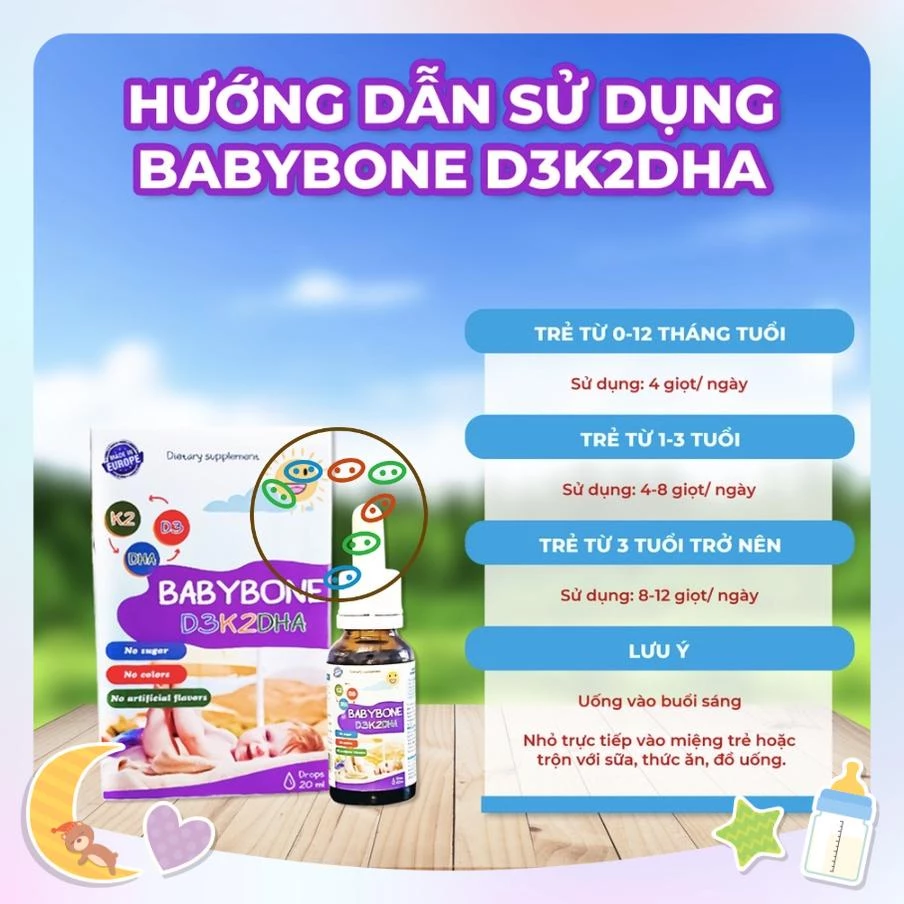 Vitamin giúp bé tăng chiều cao K2+D3 bổ sung DHA Babybone [Hàng Tây Ban Nha