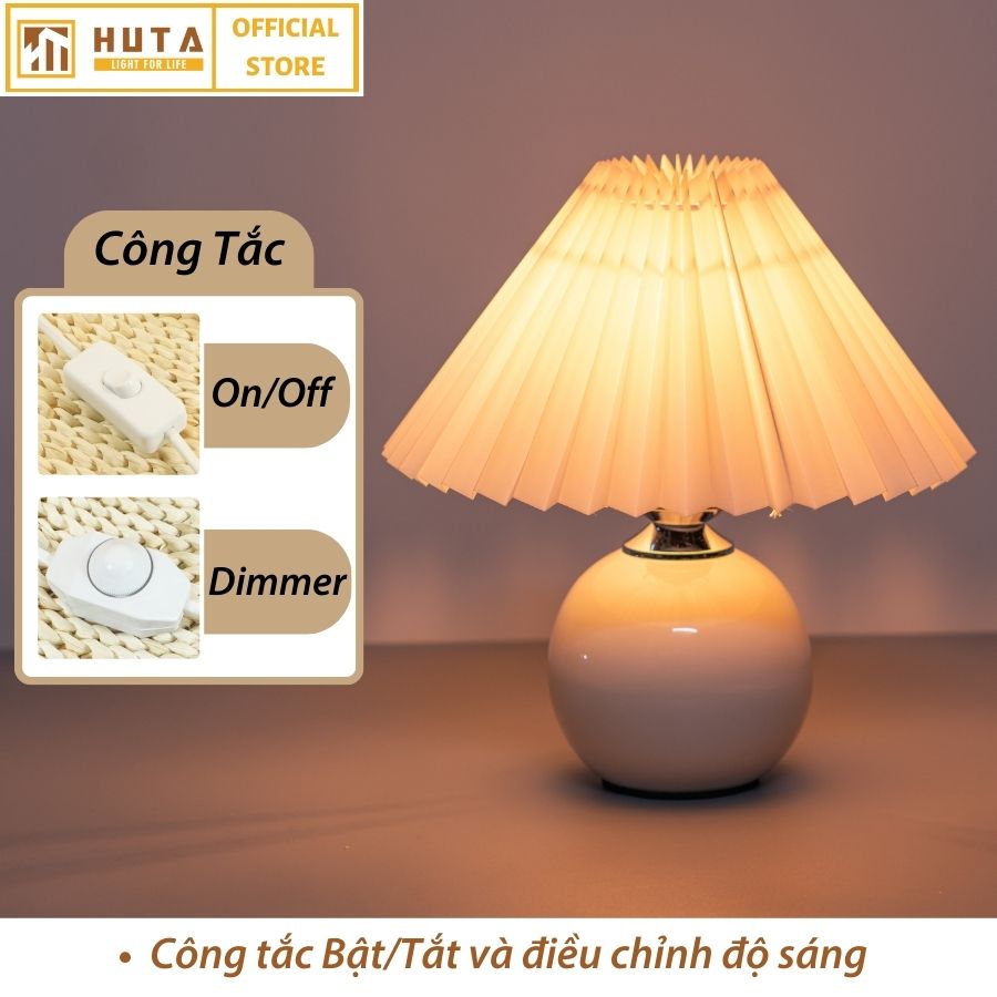 Đèn Ngủ Để Bàn Gốm Sứ Cao Cấp HUTA S8 Chao Xếp Ly Vintage Dễ Thương Decor Trang Trí Phòng Ngủ, Đọc Sách Đầu Giường, Điều chỉnh độ sáng, Đèn Vàng Bóng LED Tiết Kiệm Điện