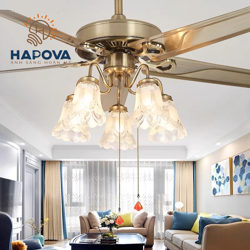 Quạt trần đèn, quạt trần có đèn led 5 cánh HAPOVA LINBA 8095 + Tăng kèm bóng led AS Vàng hàng chính hãng