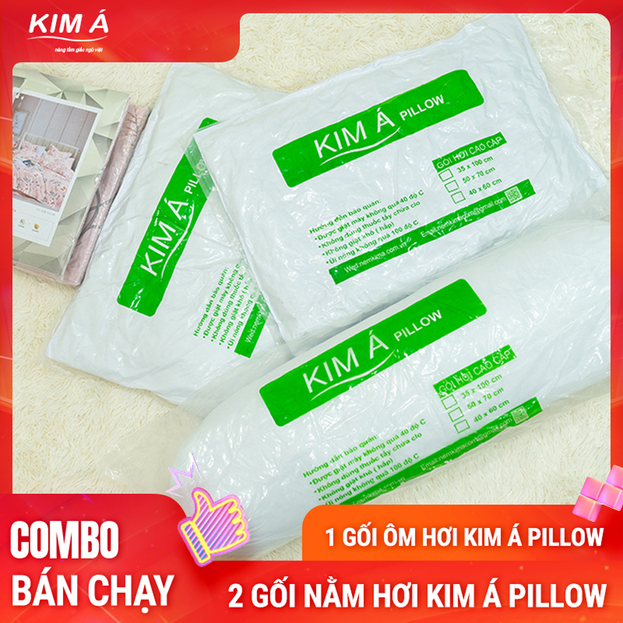 Combo 2 Gối Nằm 1 Gối Ôm Hơi Kim Á Thông Thoáng Khí, Êm Ái Vượt Trội