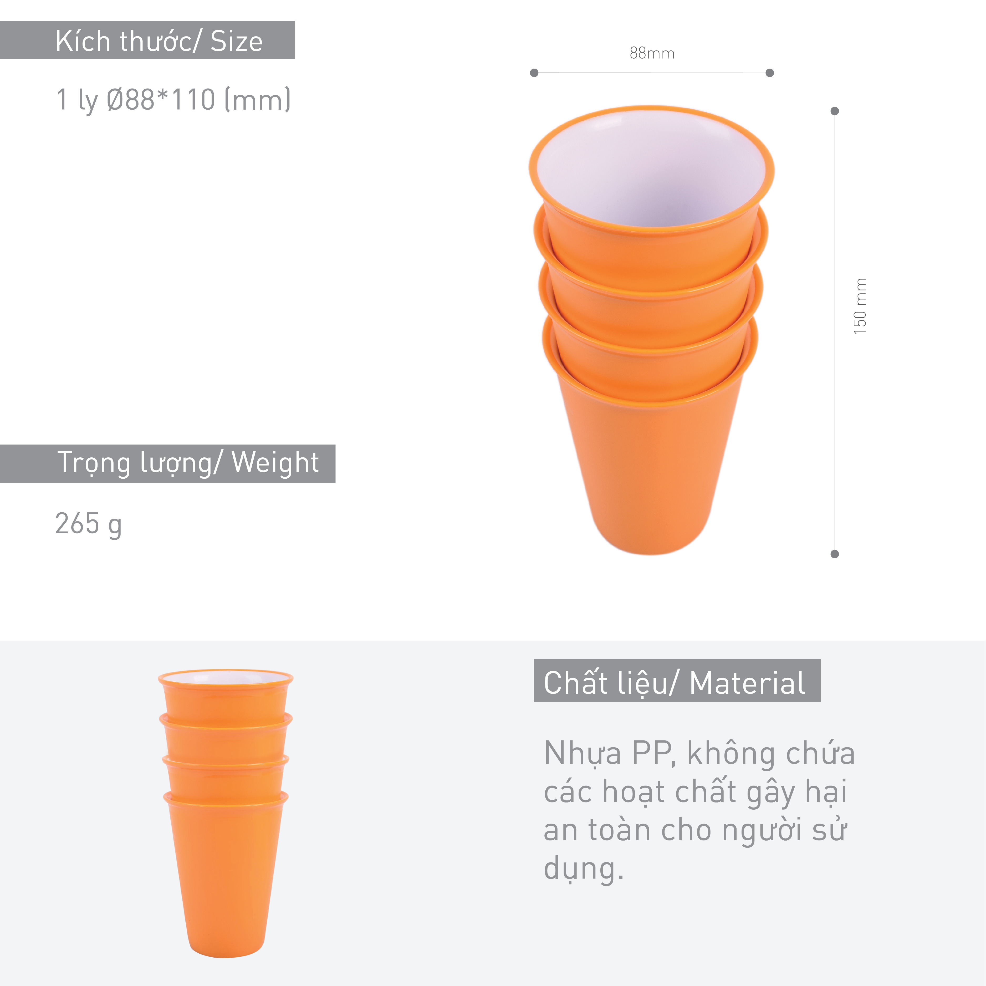 Combo 4 ly nhựa trẻ em Hàn Quốc - CS-CUP-YE - Màu Cam