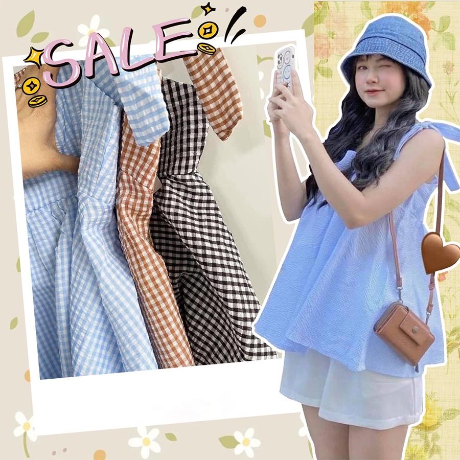 Set đồ nữ babydoll, set áo 2 dây thắt nơ vai kẻ caro xanh xốp kèm quần short style Hàn Quốc kiểu vintage ulzzang BO004