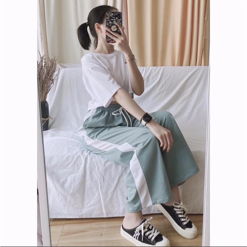 Quần thun ống rộng nữ 1 sọc lưng cao tôn dáng - MAYLANSTORE