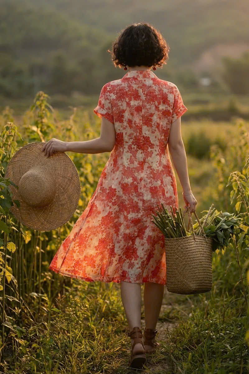 Đầm Sơ Mi Ramie Hoa Đỏ Thanh Minh Dre232 Thời trang Hity