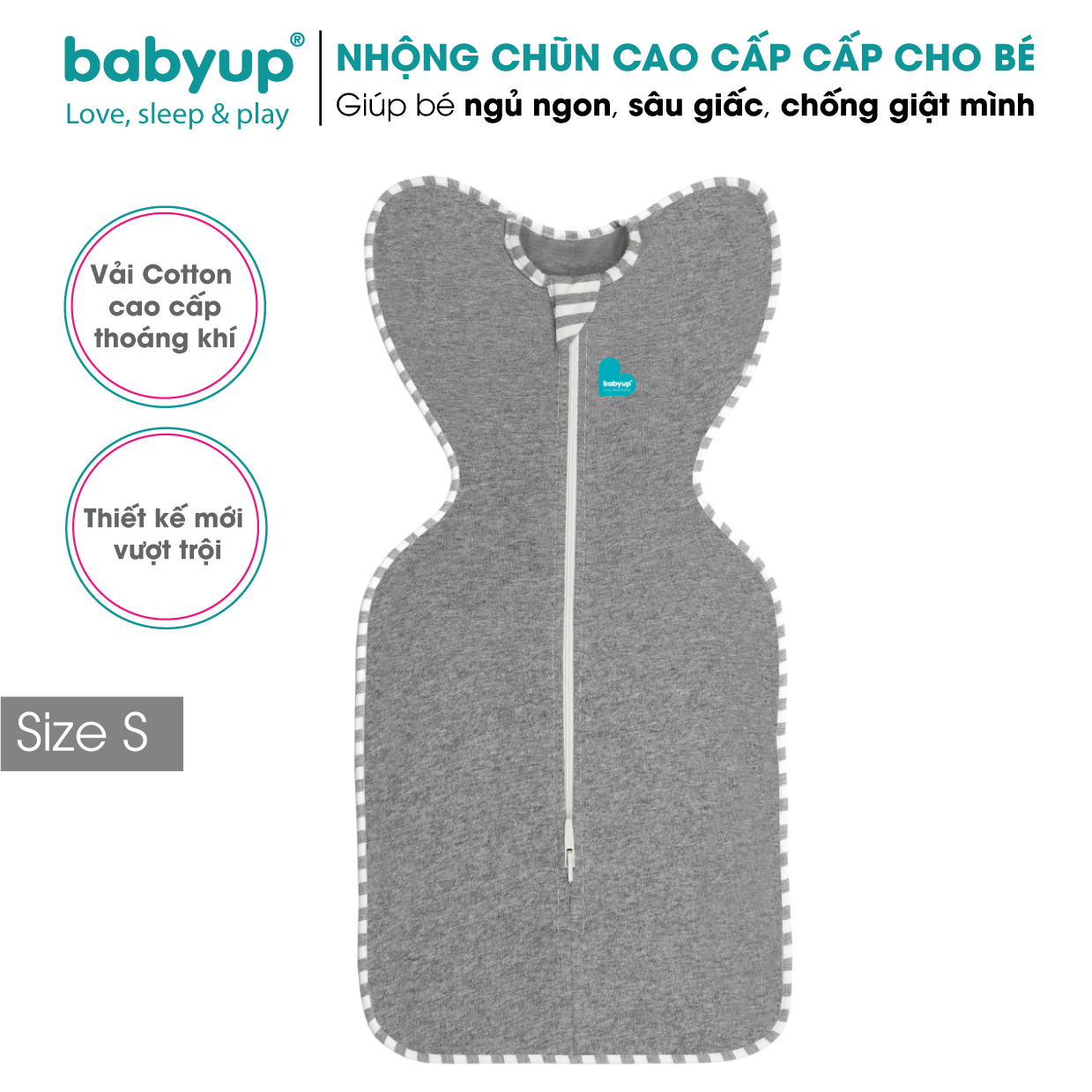 Nhộng chũn cho bé cao cấp Babyup. Nhộng ngủ cho trẻ sơ sinh Giúp bé ngủ ngon, sâu giấc, chống giật mình - Nhộng ngủ Vải cotton co giãn 4 chiều, mềm mại thoáng mát - Có khóa kéo 2 chiều