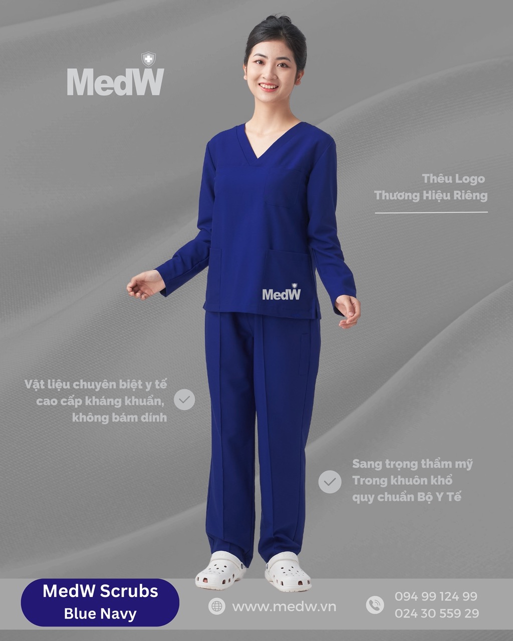 MedW Athena Scrubs Y Tế Blue Navy (Dài Tay Nữ) Xanh Navy Bộ Trang Phục Bác Sĩ, Điều Dưỡng, Đồng Phục Y Tế Thẩm Mỹ, Nha Khoa, Da Liễu Vật Liệu Cotton Nhật Không Bám Dính, Xếp Ly Không Nhăn, Dáng Suông Vận Động Tự Do. MedW Thêu Tên Logo Thương Hiệu Riêng