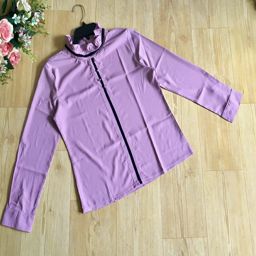 Áo Kiểu Cổ Trụ Màu Tím Phối Viền Đen Tay Dài
