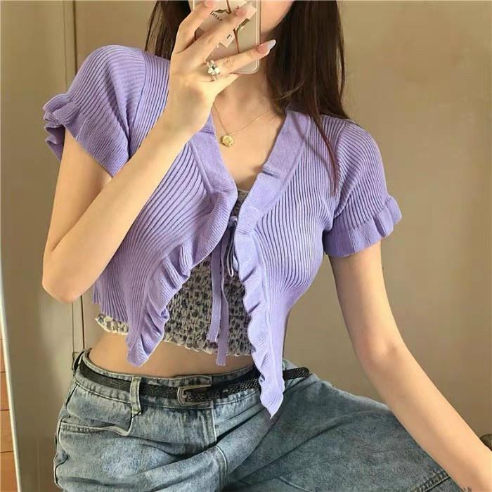 ÁO NỮ CROPTOP THUN GÂN PHỐI BÈO CỘT DÂY