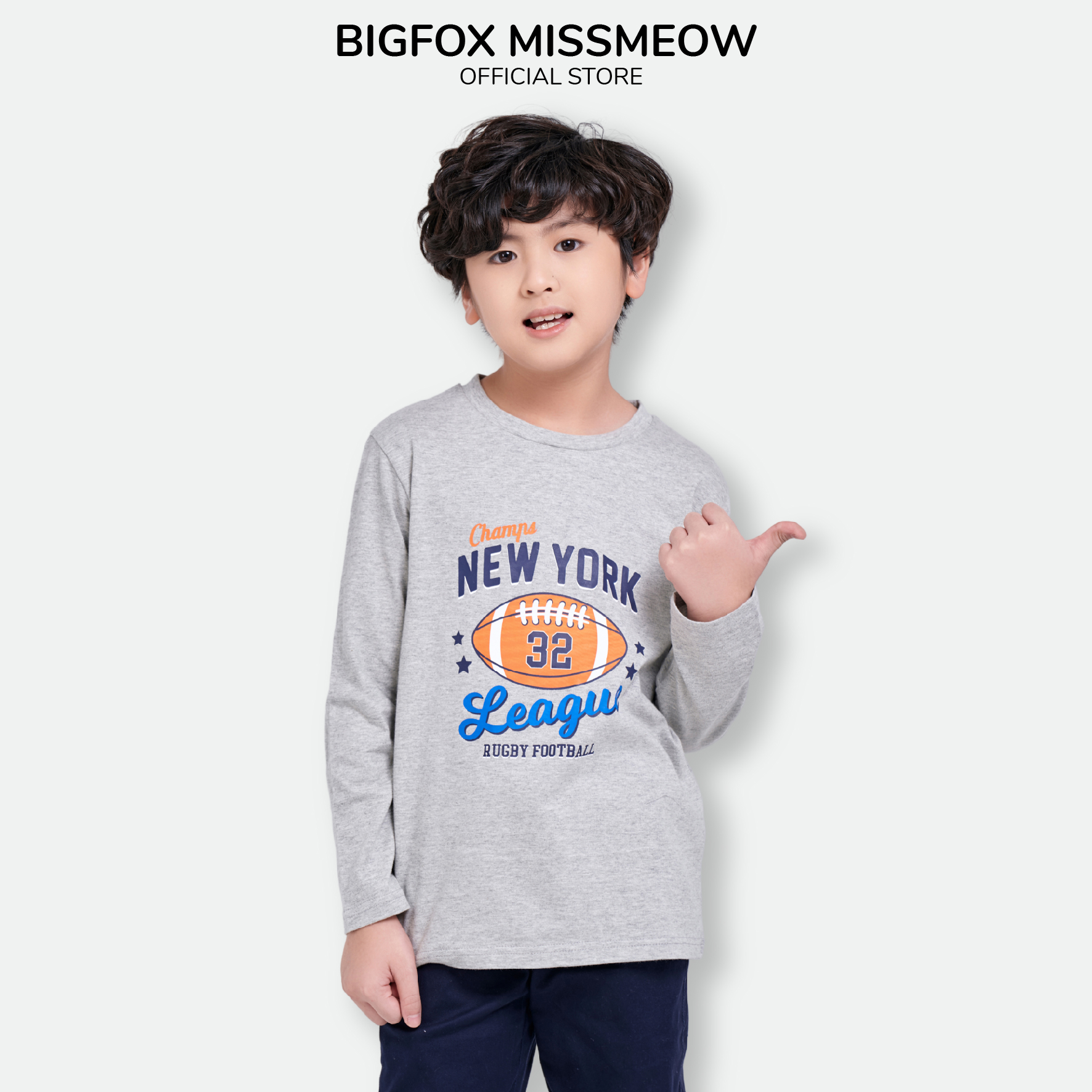 Áo bé trai BIGFOX - MISS MEOW thu đông, áo thun dài tay cho bé size đại in hình bóng bầu dục Newyork 11 - 38 kg