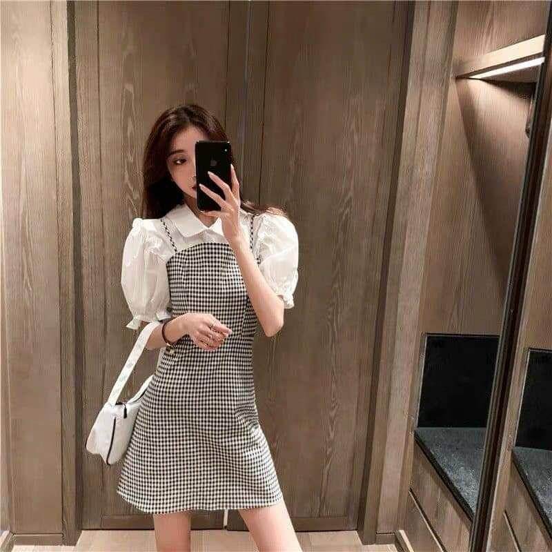 ĐẦM SUÔNG SỌC CARO PHỐI CỔ SƠ MI BÈO DỄ THƯƠNG