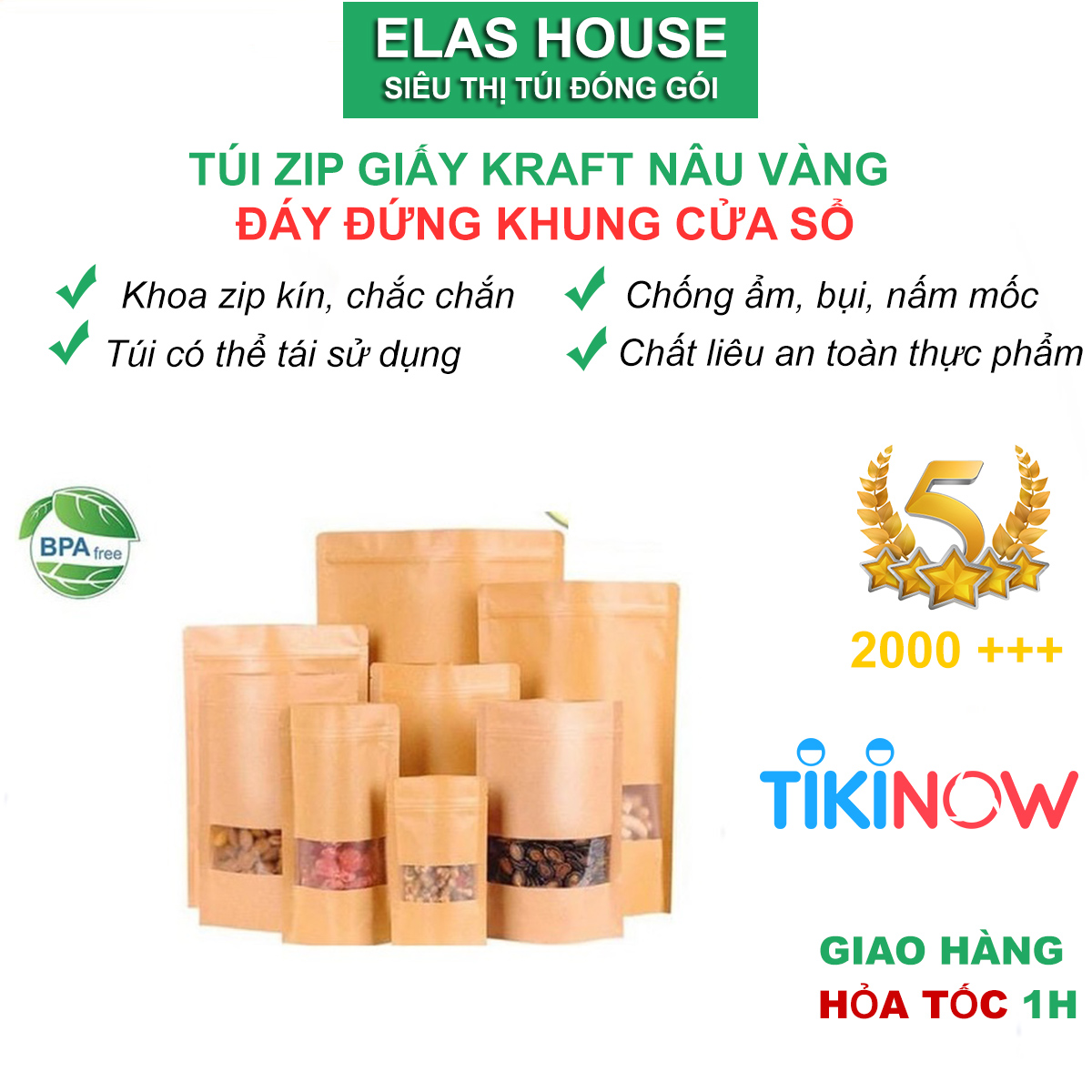 Túi Zip Đựng Thực Phẩm,Túi Zip Giấy Kraft Đáy Đứng Có Cửa Sổ Vàng,Túi Zipper Mini Nâu,túi Zipclock
