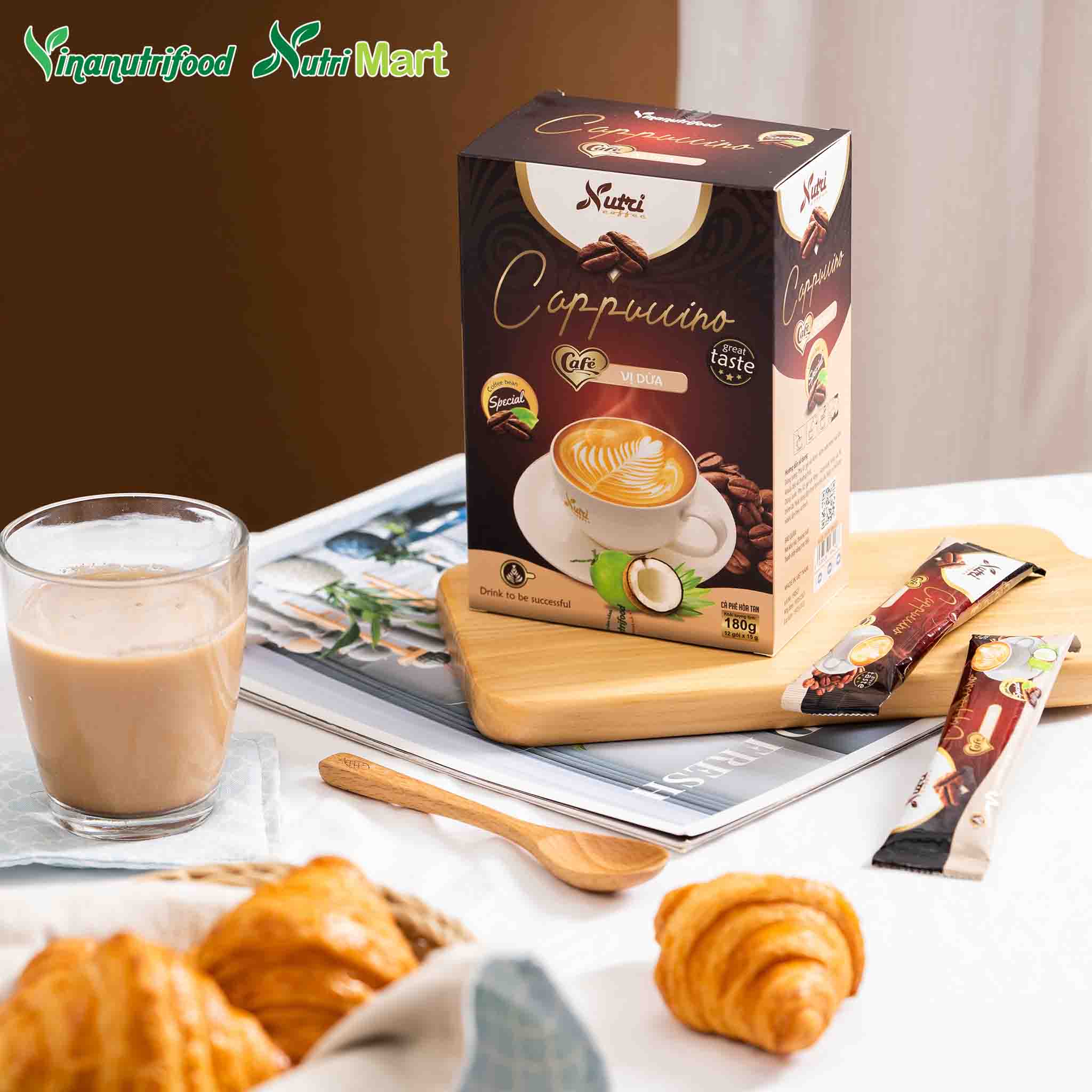 Cà phê capuchino dừa Vinanutrifood C03, cafe có hương vị dừa hảo hạng, tạo nên sự mới mẻ mang đến cảm giác thoải mái, thư thái khi thưởng thức, đảm bảo an toàn thực phẩm đáp ứng đầy đủ tiêu chuẩn GMP - WHO (15g x 12 gói)