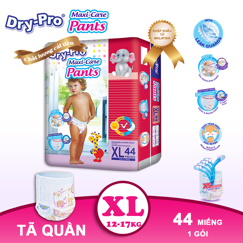 Combo tã/bỉm quần Dry-Pro XL44 (12kg-17kg) + tặng Túi nước rửa bình sữa Pur 450ml