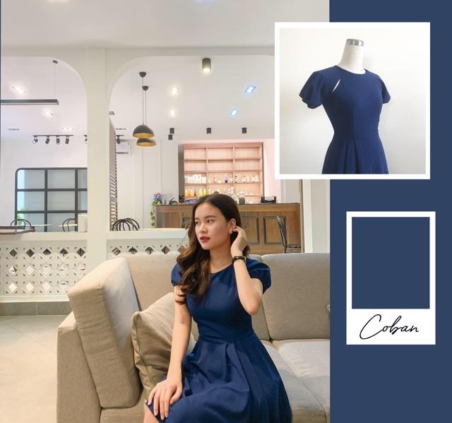 Đầm xanh lệch tà hở vai siêu tôn dáng ẢNH THẬT