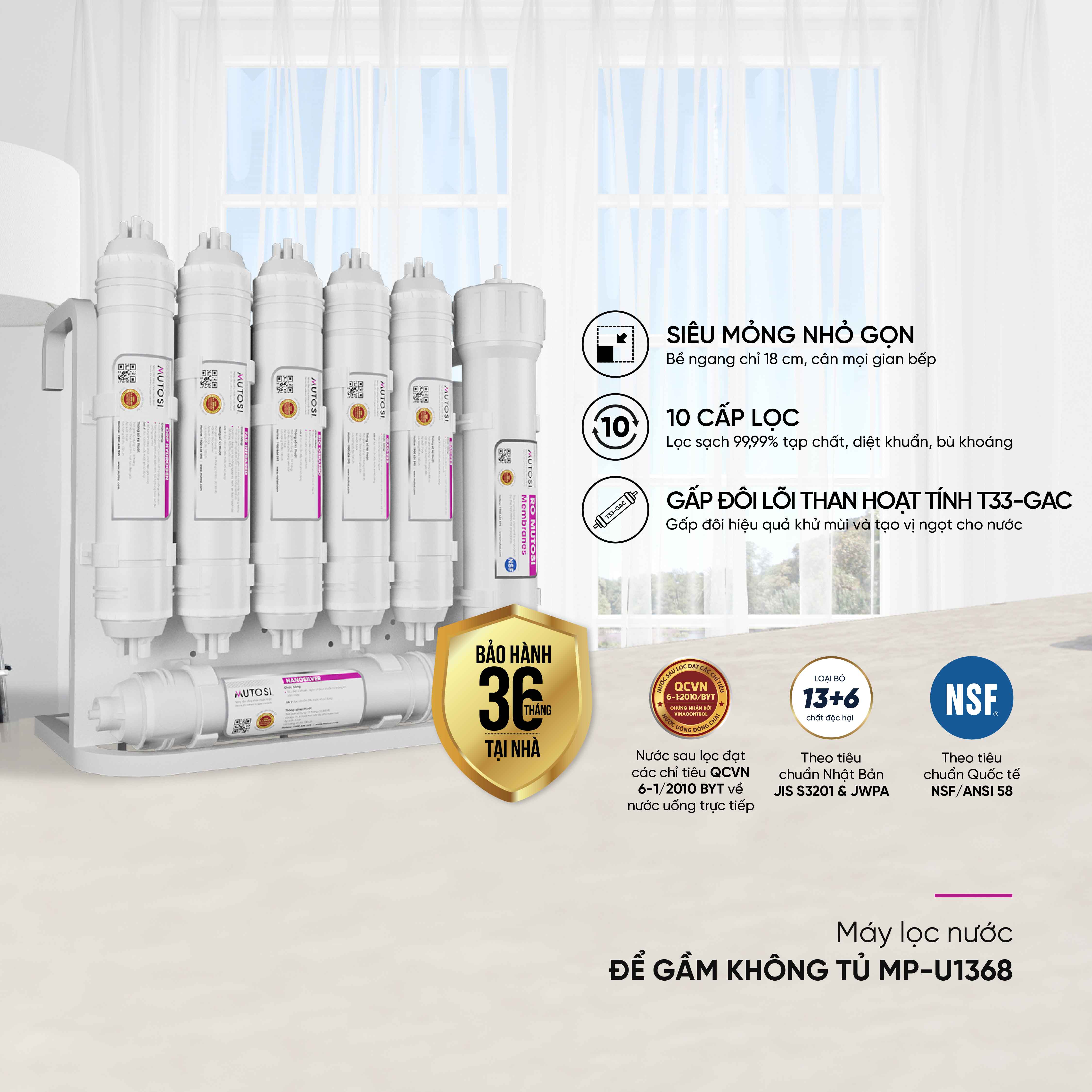 [Miễn phí vận chuyển &amp; lắp đặt] Máy lọc nước để gầm 10 lõi lọc, nhỏ gọn bề ngang chỉ 18cm. Hàng chính hãng Mutosi MP-U1368