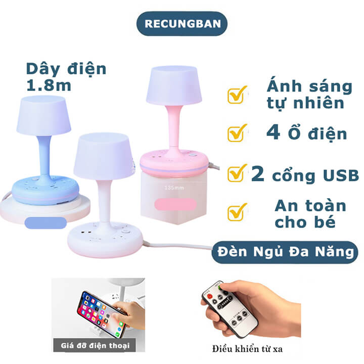 Đèn ngủ để bàn đa năng kiêm ổ cắm điện thông minh có 2 cổng sạc nhanh USB, 4 ổ cắm điện chống giật chịu tải 2500W, Tặng kèm điều khiển từ xa