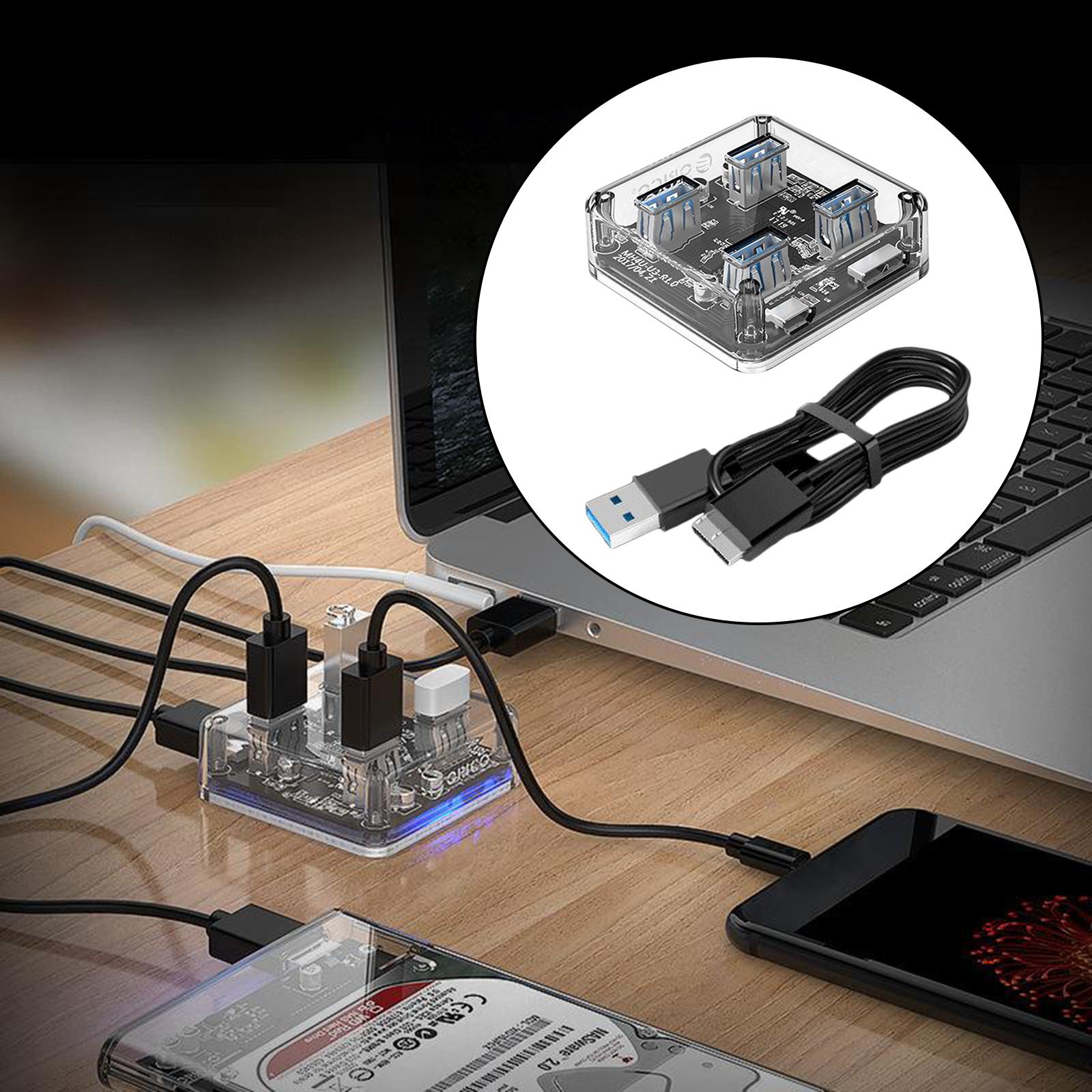 Transparent Frame HUB 4 Ports USB3.0 Adapter Splitter, Easy to Use and Carry,Portable Dongle