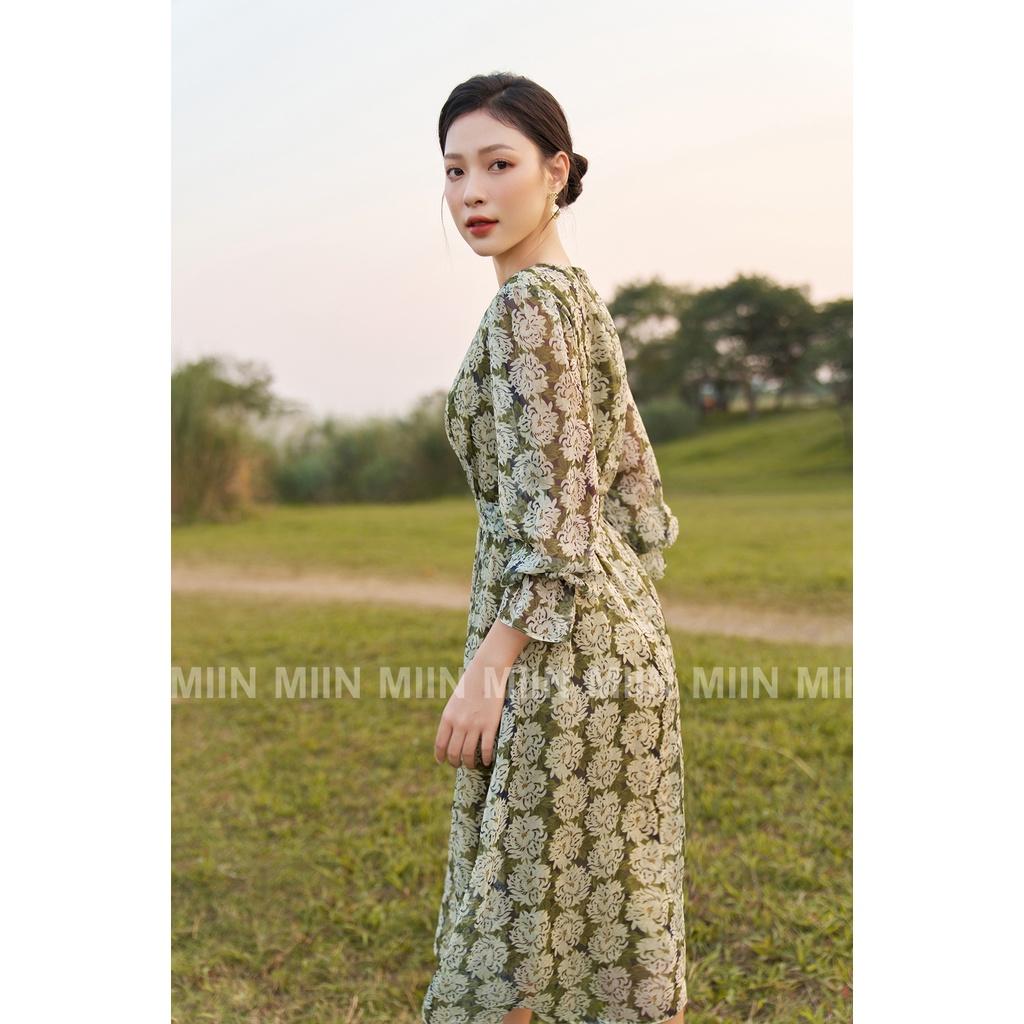 D00582 - Đầm thiết kế cao cấp voan tơ green chiffon cổ tròn