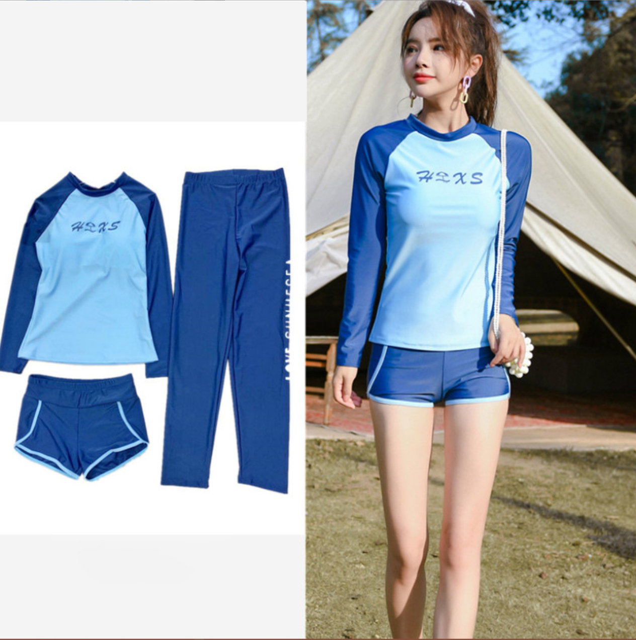 Bộ Đồ Bơi, Bikini Tắm Biển Nữ Kín Đáo Quần Áo Dài Che Nắng - B.38 - Xanh - M