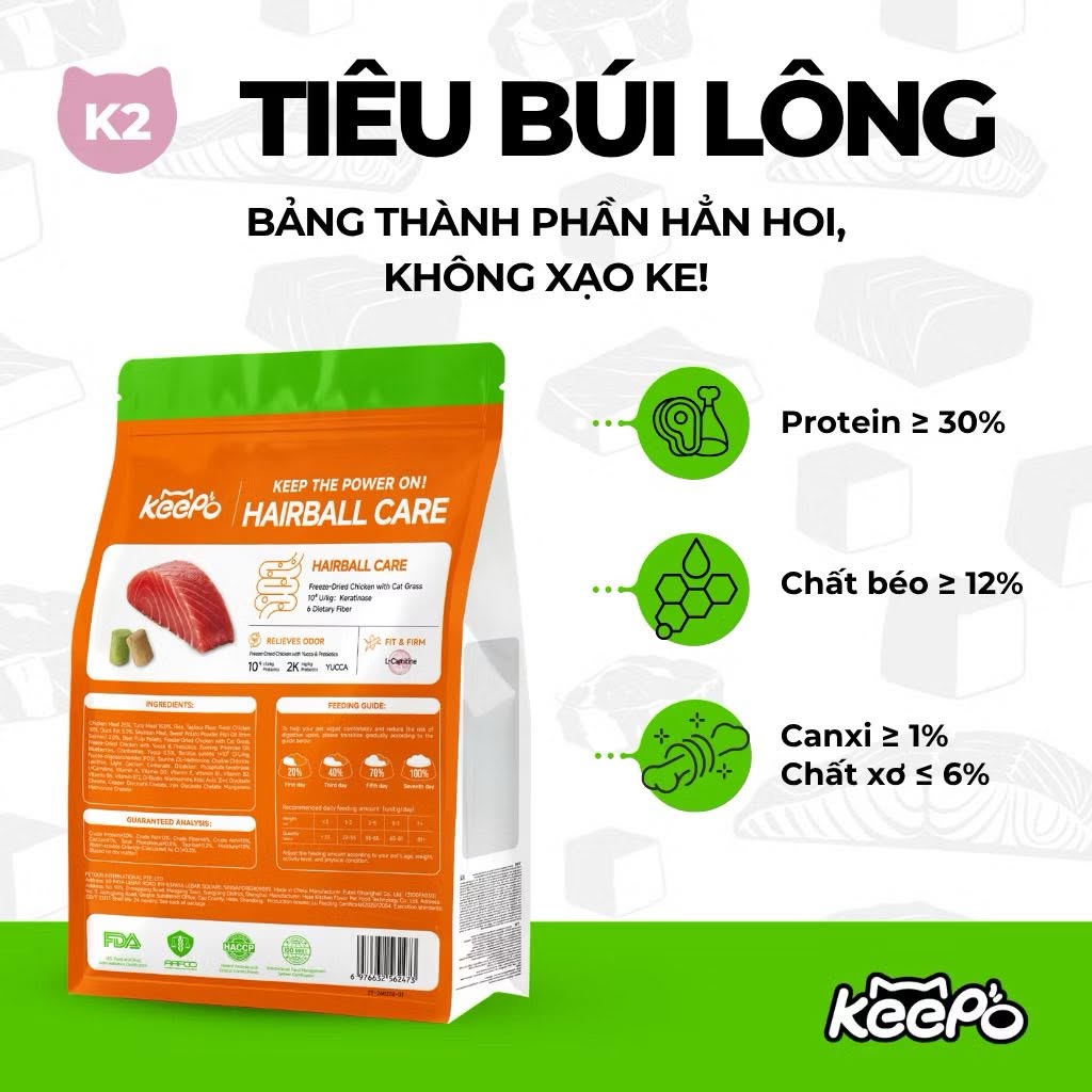 [SEAL 1KG] Hạt cho mèo Keepo K1 &amp; K2 - Đạm 30%, Đẹp lông da khỏe, Tiêu búi lông, Hỗ trợ tiêu hóa