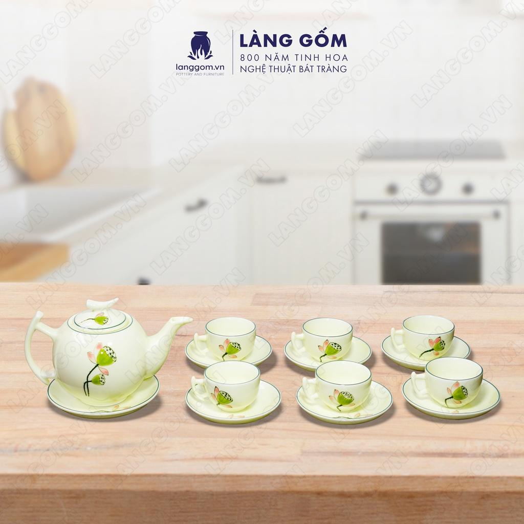 Bộ ấm chén bưởi cành + vẽ đài sen - Gốm sứ Bát Tràng - Làng Gốm