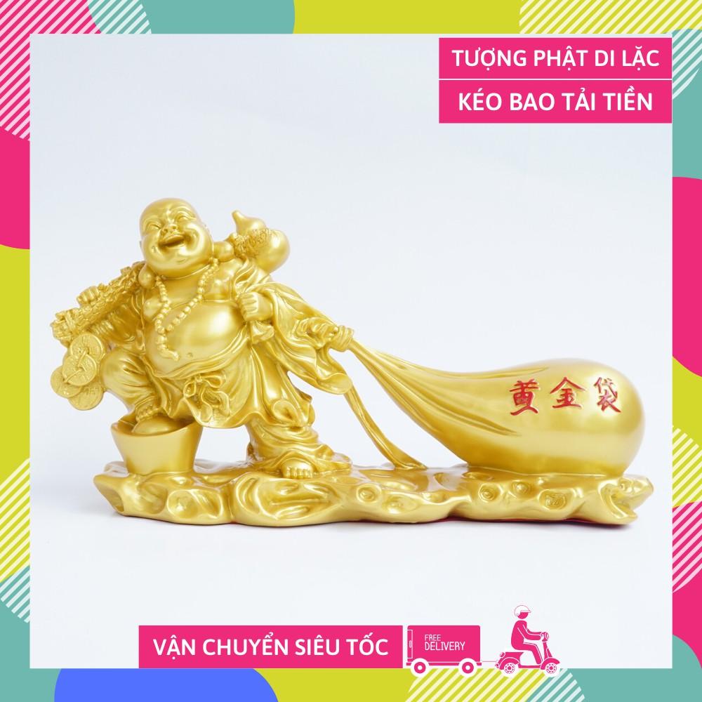 Tượng Phật Di Lặc kéo bao tải tiền nhũ vàng cầu tài lộc đúc lớn - Dài 30cm