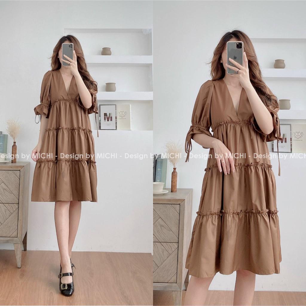 Váy suông dự tiệc babydoll cổ V, dáng xuông xòe dễ thương, freesize, đầm thiết kế tay phồng bo chun - Michi's House