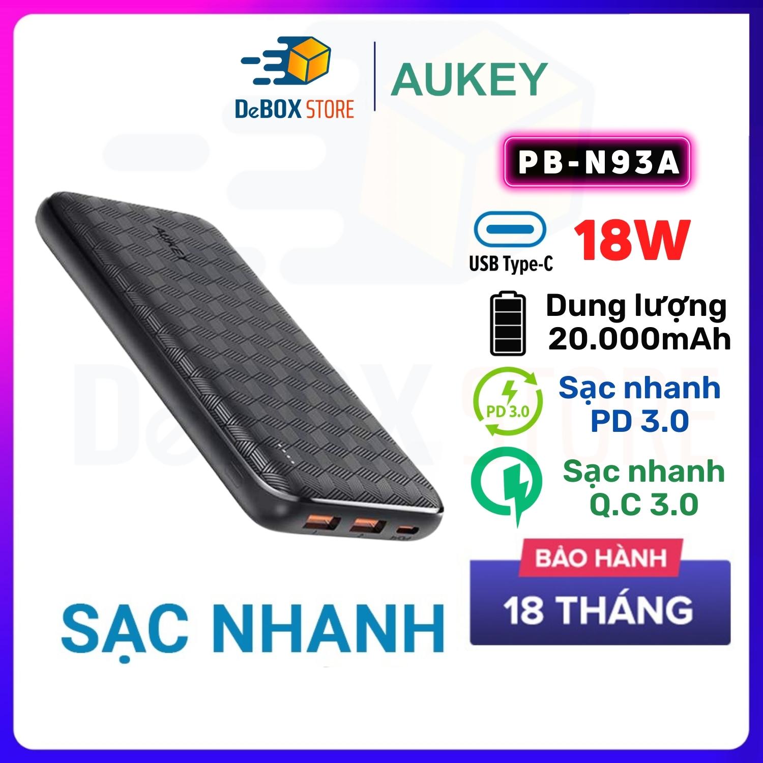 Pin Sạc Dự Phòng Aukey PB-N93A 20000mAh Cổng USB-C Sạc Nhanh PD3.0 18W + USB-A QC 3.0 18W - Hàng Chính Hãng