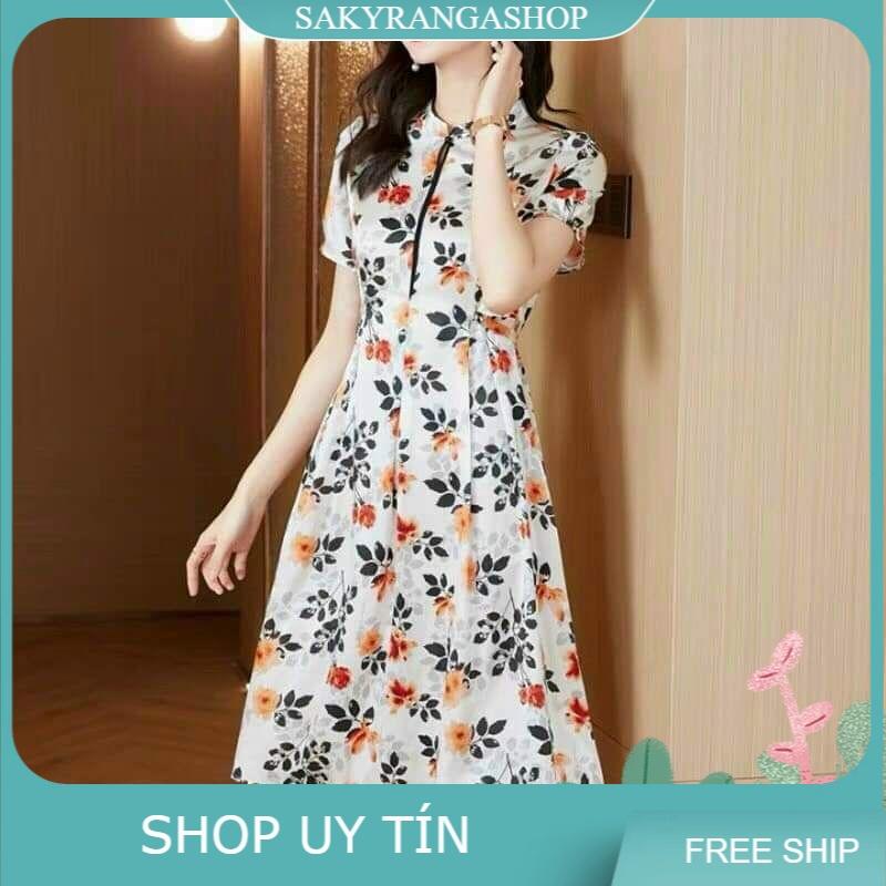 HÀNG NHẬP - ĐẦM XÒE LỤA HOA CAM CỔ TÀU