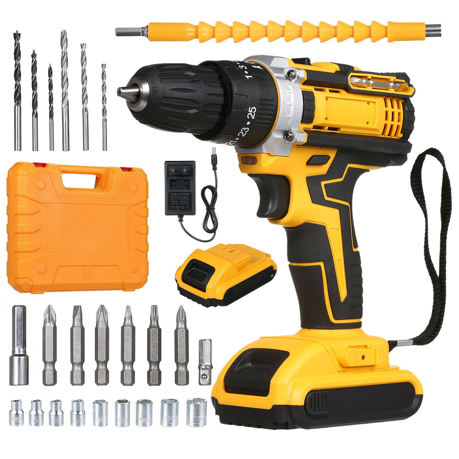 Cordless Drill Driver Kits with 2 Battery 21V Hand-held Electric Drill with 3/8inch Keyless Chuck LED Work Light for Drilling Wall Bricks Wood Metal Toolbox Package