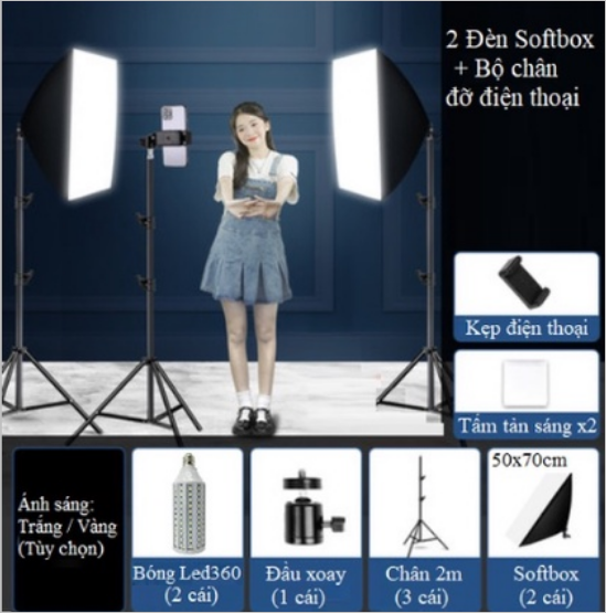 Combo Bộ 2 Đèn Softbox Led360+ Chân điện thoại, Phụ kiện Livestream Giá Rẻ Hàng Chính Hãng