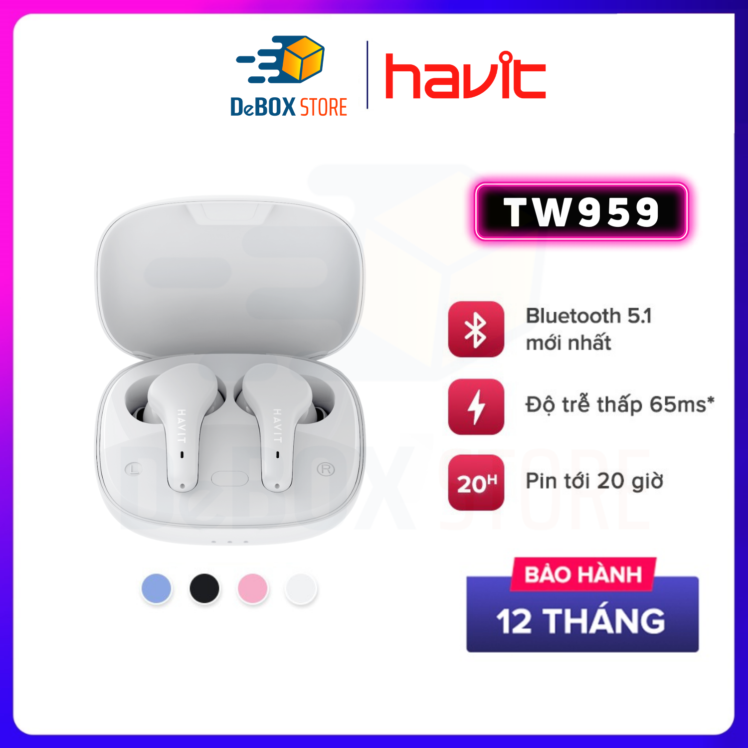 Tai nghe Bluetooth True Wireless Havit TW959, Bluetooth 5.1, Độ Trễ Tới 65ms, Nghe Độc Lập, Pin Tới 20H - Hàng Chính Hãng