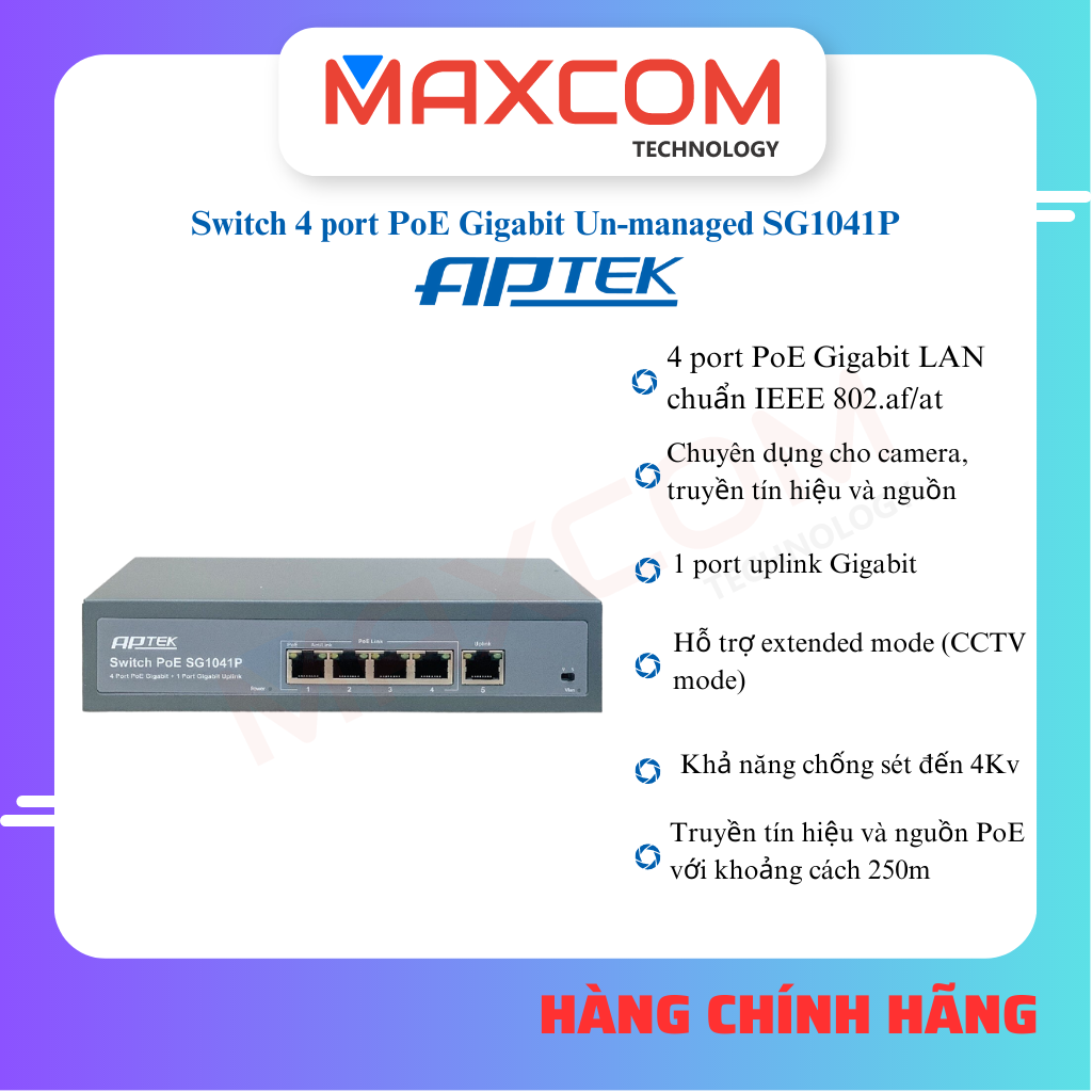 Switch APTEK SG1041P 4 port POE Gigabit - Hàng chính hãng