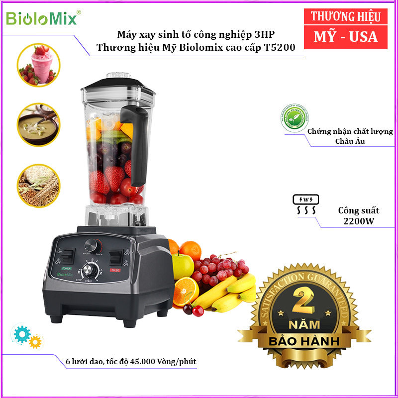 Máy xay sinh tố công nghiệp 3HP, 2 lít, 2200W thương hiệu Biolomix T5200 chất liệu cối BPA free Tritan, dao xay 6 lưỡi, dễ dàng sử dụng, vệ sinh -Hàng chính hãng