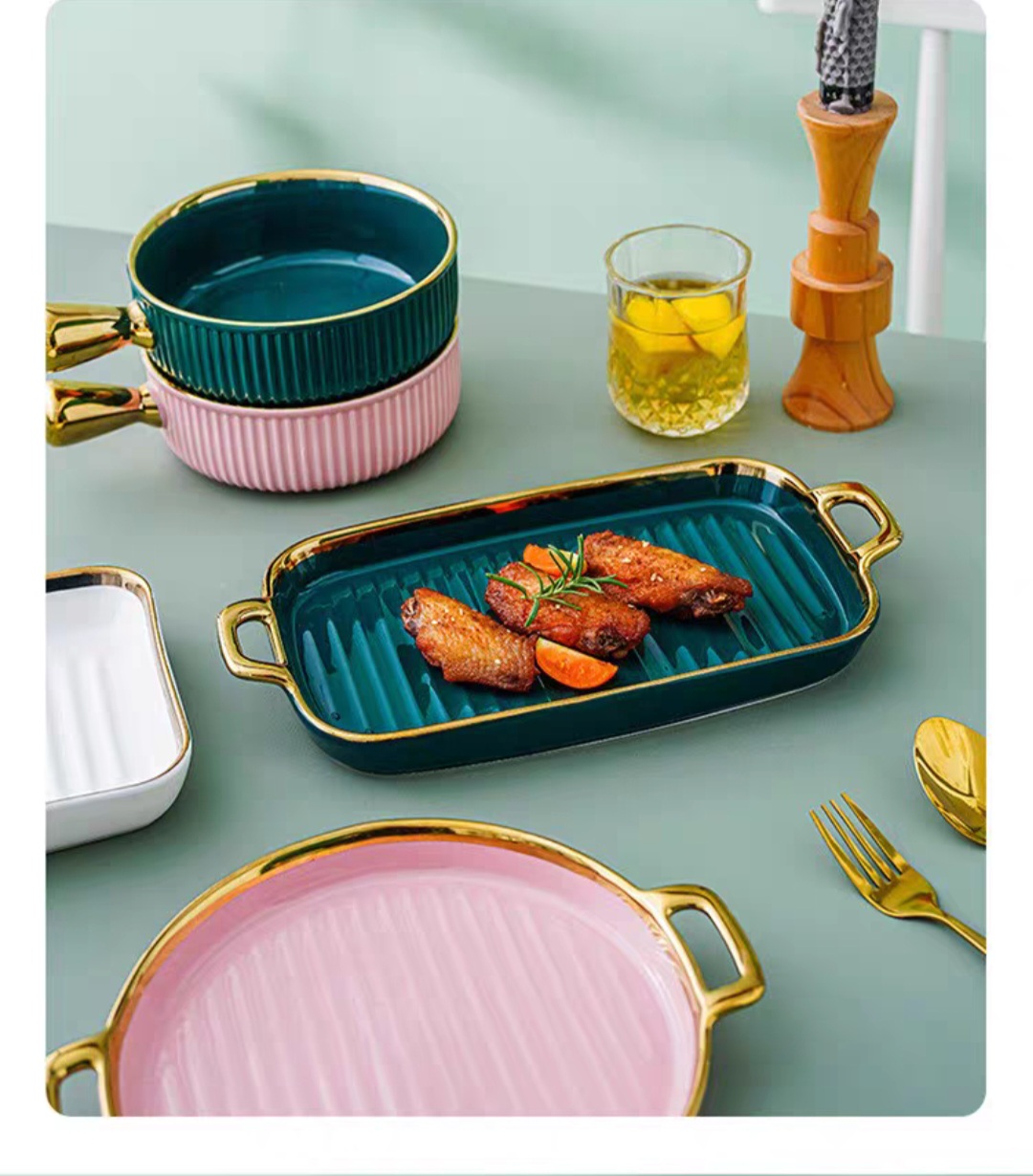 Đĩa sứ chữ nhật to - Đĩa sứ đẹp 2 tay cầm viền vàng cực chảnh - Đĩa sứ đựng thức ăn cho nhà hàng, gia đình